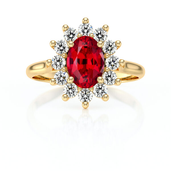 Bague en or ornée d'un diamant central ovale rouge éclatant, entouré de diamants ronds scintillants, idéale pour les fiançailles ou les occasions spéciales, mettant en avant l'élégance et la sophistication.