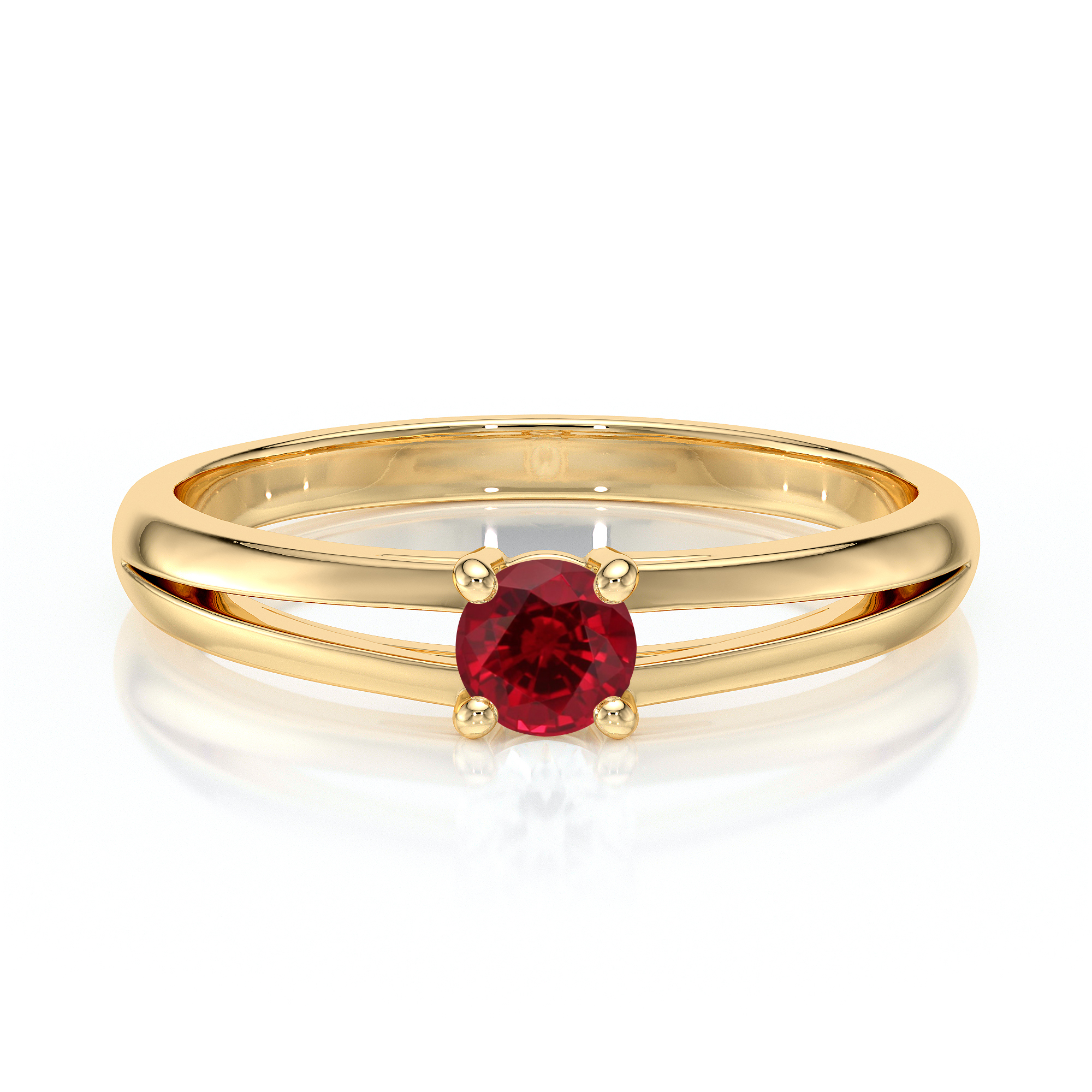 Bague en or jaune avec un design élégant, ornée d'une pierre précieuse ronde rouge vif au centre, parfaite pour une bague de fiançailles ou un cadeau spécial, reflétant le raffinement et l'amour. Modèle unique composé de deux bandes entrecroisées, mettant en valeur la brillance du diamant.