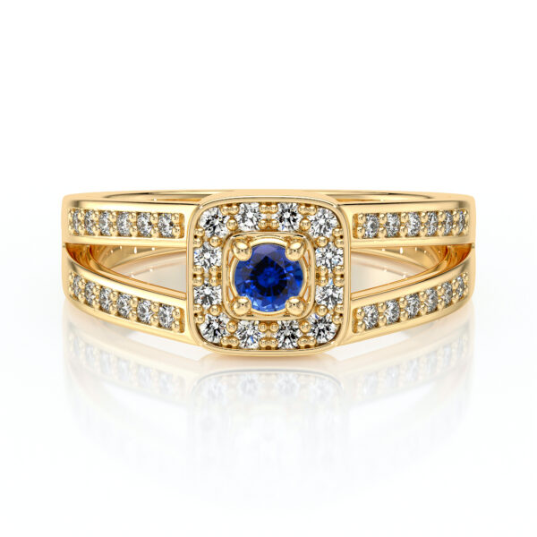 Bague en or avec un design élégant, mettant en valeur un saphir bleu central entouré de diamants scintillants. Cette bague raffinée est parfaite pour un engagement ou une occasion spéciale, ajoutant une touche de luxe et de sophistication à toute tenue.