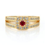 Bague en or avec un design élégant featuring un rubis central entouré de diamants scintillants. Idéal pour les occasions spéciales, cette bague en or combine sophistication et éclat, parfaite pour un cadeau romantique ou une occasion mémorable.