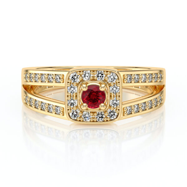 Bague en or avec un design élégant featuring un rubis central entouré de diamants scintillants. Idéal pour les occasions spéciales, cette bague en or combine sophistication et éclat, parfaite pour un cadeau romantique ou une occasion mémorable.
