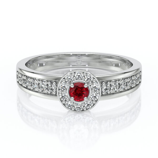Bague en or blanc avec un magnifique rubis central entouré de diamants étincelants, idéal pour une proposition de mariage ou une occasion spéciale. Design élégant et contemporain, mettant en valeur le contraste entre la couleur rouge du rubis et l'éclat des pierres précieuses, parfaite pour les amateurs de bijoux raffinés.