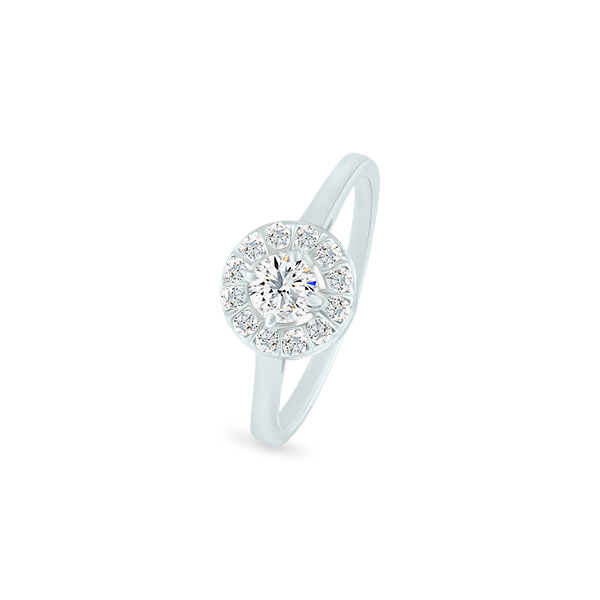 Bague en or blanc ornée d'un diamant central brillant, entourée de petites pierres précieuses, parfait pour des fiançailles ou un cadeau spécial, modèle élégant et raffiné avec une monture délicate