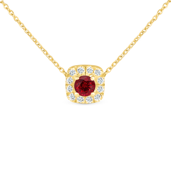 Collier en or avec un pendentif carré orné d'un rubis central éclatant, entouré de diamants scintillants. Parfait pour ajouter une touche d'élégance à toute tenue, ce bijou combine le luxe du or jaune et la beauté des pierres précieuses, idéal pour les occasions spéciales ou comme cadeau.