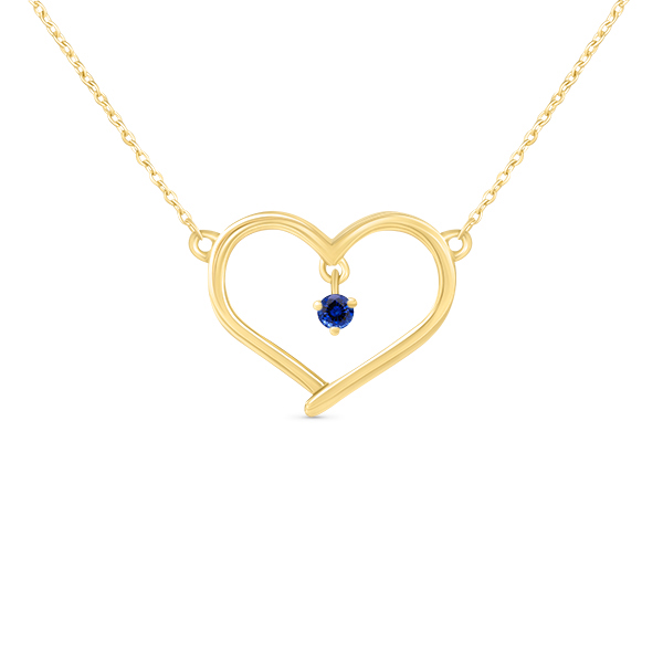 Collier en or jaune en forme de cœur avec une pierre précieuse bleue au centre, offrant une touche élégante et romantique, parfait pour les occasions spéciales ou comme cadeau significatif. Design délicat et moderne.