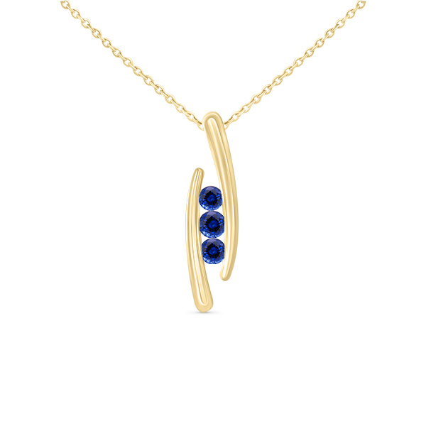 Collier en or jaune avec pendentif stylisé, mettant en valeur trois pierres précieuses de couleur bleue, pour un look moderne et élégant, idéal pour les occasions spéciales ou un usage quotidien.