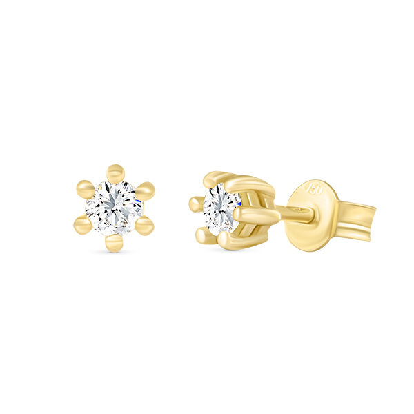 Boucles d'oreilles en or jaune 18 carats avec des diamants brillants, modèle moderne et élégant, design en forme de fleur avec un diamant central entouré de petites sphères, parfaites pour un look chic au quotidien ou pour des occasions spéciales.