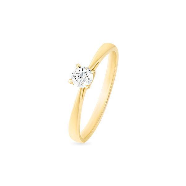 Bague en or jaune classique avec un diamant brillant en taille ronde, design élégant et minimaliste, parfaite pour une demande en mariage ou un cadeau spécial. Modèle + diamant.