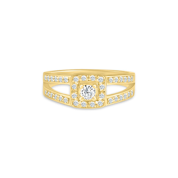 Bague élégante en or, ornée d'un diamant central entouré de petites pierres brillantes, design contemporain avec une finition lisse et des détails subtils, idéale pour les fiançailles ou les occasions spéciales, modèle unique de bijouterie haut de gamme.