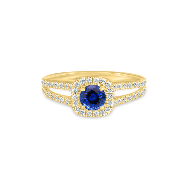 Bague en or jaune avec un élégant sertissage de pierres brillantes, mettant en valeur une magnifique pierre centrale bleue en saphir entourée de diamants, idéale pour une demande en mariage ou une occasion spéciale, modèle + diamant.