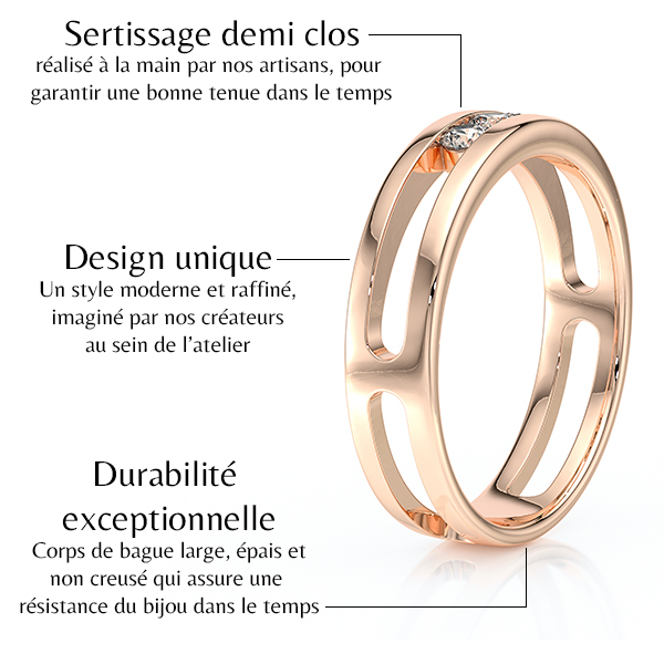 Bague design unique en or rose avec sertissage demi-clos, mettant en avant une pierre précieuse, alliant modernité et raffinement. Durabilité exceptionnelle avec un corps large et épais pour une résistance optimale du bijou dans le temps.
