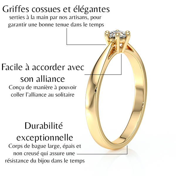 Bague de fiançailles en or avec un design élégant et durable, mettant en valeur des griffes épaisses pour maintenir un diamant. Conçue pour s'accorder facilement avec son alliance, cette bague offre une durabilité exceptionnelle grâce à son corps large et épais. Idéale pour un engagement durable et intemporel.