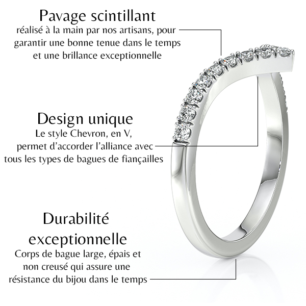 Bague en or avec pavage scintillant, design Chevron en V pour l'alliance, durabilité exceptionnelle grâce à un corps de bague large et épais, idéale pour tous types de fiançailles.