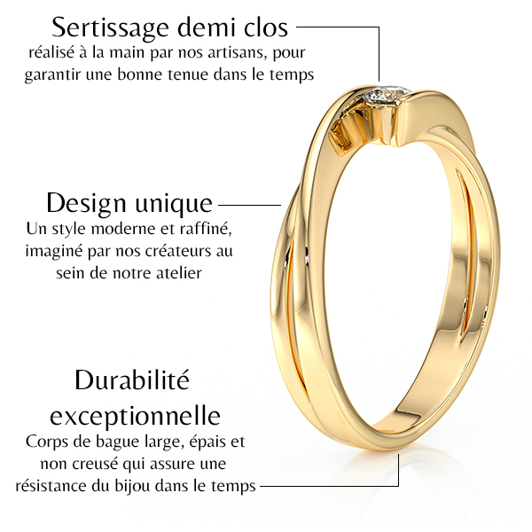 Bague sertie d'un diamant en solitaire avec un corps de bague en or jaune 18 carats ajouré