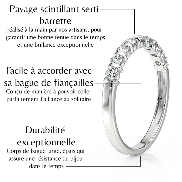 Bague en or blanc avec pavage scintillant et serti barrette, réalisée à la main pour une durabilité exceptionnelle. Facile à accorder avec une bague de fiançailles, ce bijou élégant assure résistance et brillance au fil du temps, idéal pour des moments précieux.