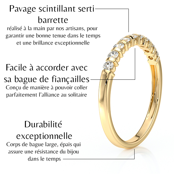 Bague en or jaune avec un pavage scintillant en barrette, artisanale pour une durabilité exceptionnelle. Conçue pour s'accorder parfaitement avec une bague de fiançailles, offrant une brillance et une résistance dans le temps.