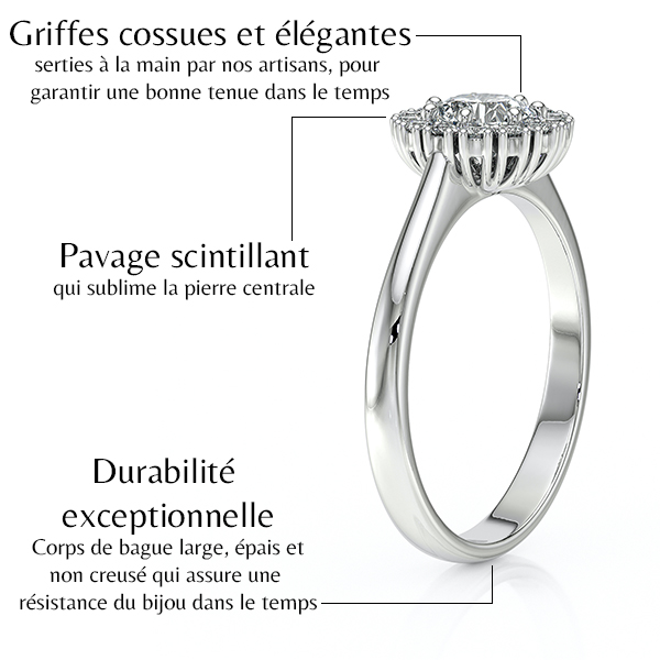 Bague en diamant avec griffes cossues et élégantes, pavage scintillant et durabilité exceptionnelle, idéale pour symboliser l'amour éternel. Design artisanal garantissant une bonne tenue dans le temps, avec un corps de bague large et épais, parfait pour une présentation chic et raffinée.