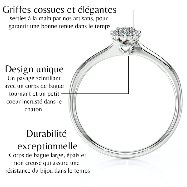 Bague en or avec un design unique, présentant des griffes cossues pour maintenir des pierres scintillantes. La bague arbore un corps large, épais et durable, avec un petit cœur incrusté dans le chaton, garantissant une excellente tenue dans le temps. Modèle élégant et intemporel.