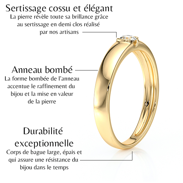 Bague en or avec sertissage élégant et corsé, présentant un anneau bombé qui accentue la beauté de la pierre. Mise en avant de la durabilité exceptionnelle grâce à un corps de bague large et épais, idéal pour un bijou raffiné et résistant dans le temps.