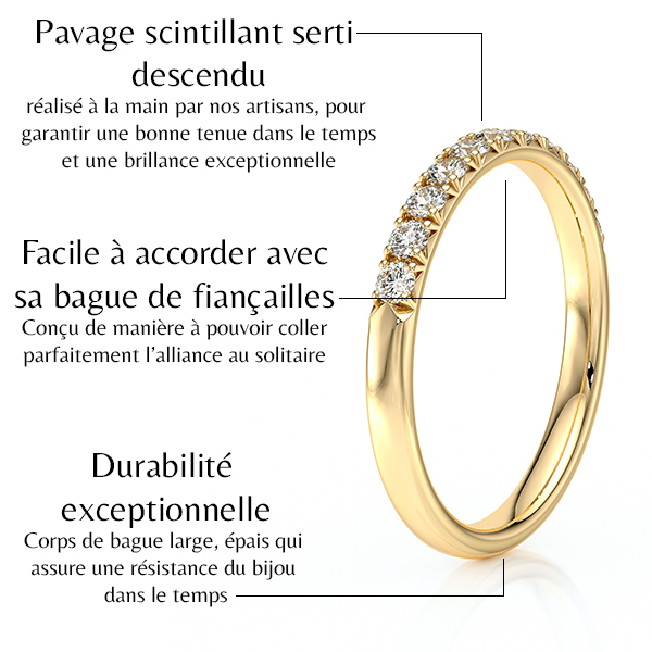 Bague en or jaune au design élégant avec pavage scintillant serti descendant, réalisée à la main par des artisans pour une brillance exceptionnelle et une durabilité maximale. Cette bague est facile à accorder avec une bague de fiançailles, conçue pour épouser parfaitement l’alliance au solitaire. Son corps large et épais assure une résistance durable dans le temps, idéale pour un bijou intemporel.