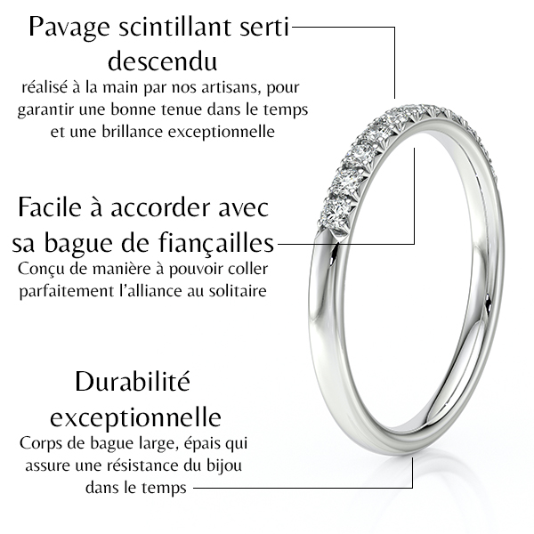 Alliance en or blanche avec pavage scintillant en diamants sertis descendants. Bague de fiançailles facile à accorder, conçue pour un ajustement parfait. Durabilité exceptionnelle grâce à un corps large et épais garantissant la résistance du bijou dans le temps.