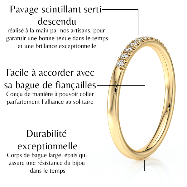 Bague en or jaune avec un pavage scintillant de diamants sertis, conçue pour un ajustement parfait avec une bague de fiançailles. Cette alliance présente une durabilité exceptionnelle grâce à son corps large et épais, garantissant une brillance à long terme. Idéale pour symboliser l'amour éternel.