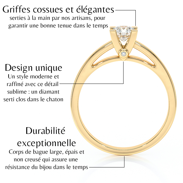 Bague en or avec un design unique, mettant en avant des griffes cossues et élégantes pour maintenir un diamant central. La monture large et épaisse assure une durabilité exceptionnelle. Ce bijou associe modernité et raffinement avec une attention particulière à chaque détail, idéal pour marquer un moment spécial.