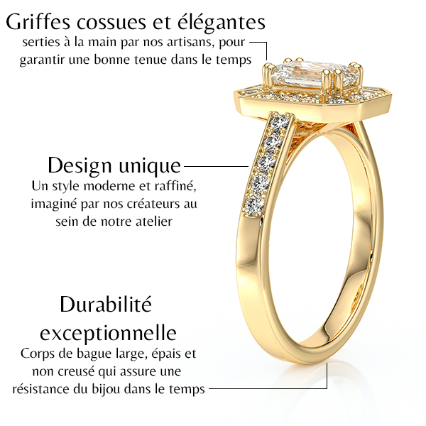 Bague en or avec un design unique et moderne, mettant en avant une pierre centrale en forme de rectangle, entourée de griffes élégantes et solides. La structure robuste de la bague garantit une durabilité exceptionnelle, idéale pour ceux qui recherchent un bijou qui résiste au temps. Chaque détail est fini à la main par des artisans, représentant un savoir-faire remarquable.