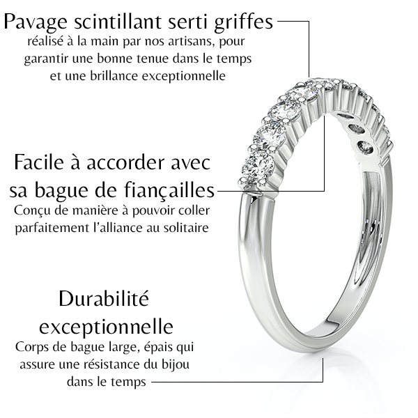 Bague en or blanc avec pavage scintillant de diamants en serti griffes, mise en valeur par sa durabilité exceptionnelle et son design qui permet un parfait accord avec une bague de fiançailles. Cette alliance brillante est confectionnée à la main par des artisans pour une longévité optimale et une allure éblouissante.