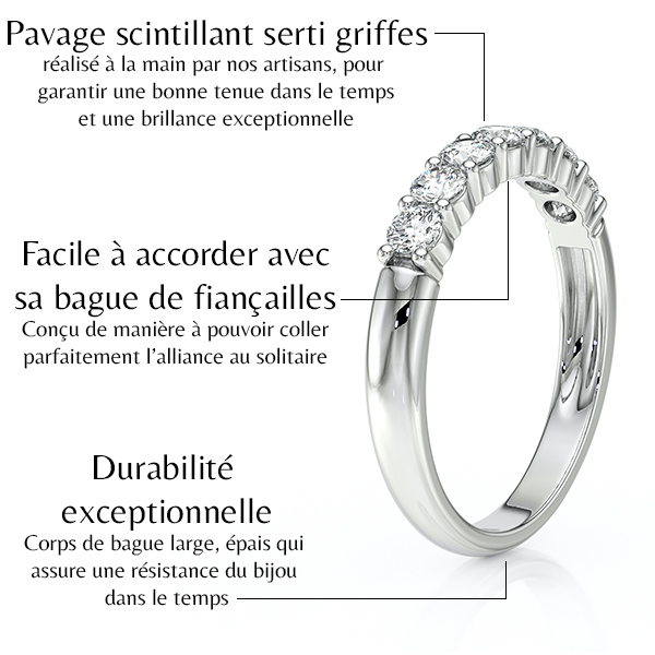 Bague en or blanc avec pavage scintillant serti griffes, conçue à la main pour une durabilité exceptionnelle. Elle est facile à accorder avec une bague de fiançailles, garantissant une tenue et une brillance remarquables dans le temps.