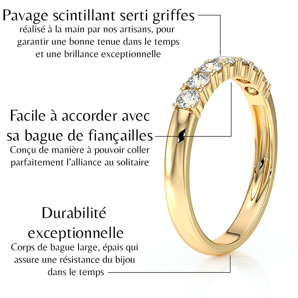Bague en or avec pavage scintillant serti griffes, conçue pour être assortie à une bague de fiançailles. Cette bague se distingue par sa durabilité exceptionnelle, avec un corps large et épais assurant une résistance dans le temps. Idéale pour les fiançailles et les mariages, elle reflète un savoir-faire artisanal de qualité et une brillance inégalée.
