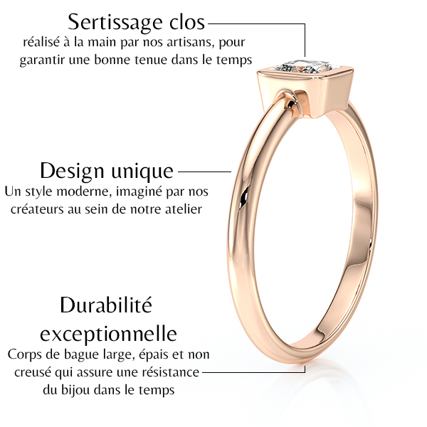 Bague en or rose avec diamant, présentant un sertissage clos réalisé à la main, un design unique moderne imaginé par des artisans, et une durabilité exceptionnelle grâce à un corps de bague large et épais.
