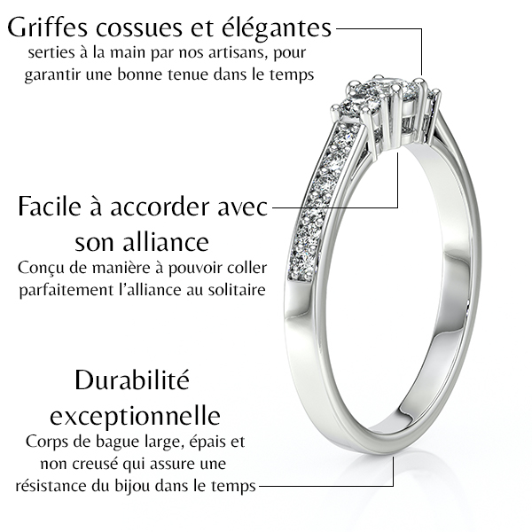 Bague de fiançailles en or blanc avec des griffes cossues et élégantes. Ce bijou est conçu pour une durabilité exceptionnelle, avec un corps de bague large et épais. Facile à accorder avec une alliance, il est parfaitement adapté pour compléter un solitaire. Idéal pour un engagement durable.