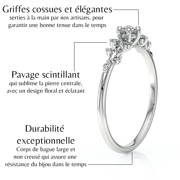 Bague en diamant avec un pavage scintillant et des griffes élégantes, conçue pour durer. Le design floral sublime la pierre centrale, tandis que le corps de la bague est large, offrant une durabilité exceptionnelle. Idéale pour un cadeau symbolique ou pour une demande en mariage.