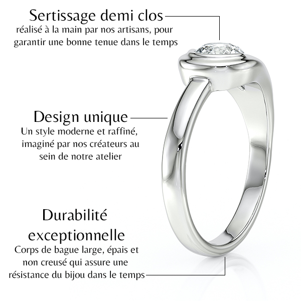 Bague en métal précieux avec sertissage demi clos, mettant en valeur un diamant. Cette création artisanale présente un design unique et moderne, incarnant la durabilité exceptionnelle grâce à sa structure épaisse et résistante. Parfaite pour symboliser l'engagement, cette bague reflète l'expertise de nos créateurs. Modèle + diamant.