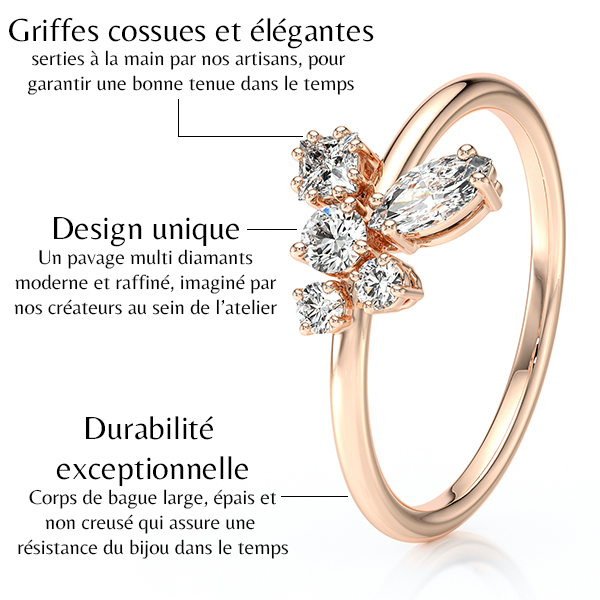 Bague avec une composition de diamants de différentes formes, pour un aspect floral en or 18 carats