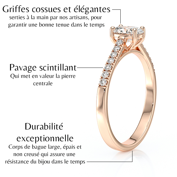 Solitaire bague de fiançailles sertie d'un diamant ovale et de diamants de pavage sur le corps de bague en or 18 carats