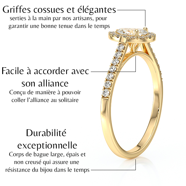 Bague de fiançailles en or jaune 18 carats forme ovale avec un diamant ovale entouré de diamants ronds