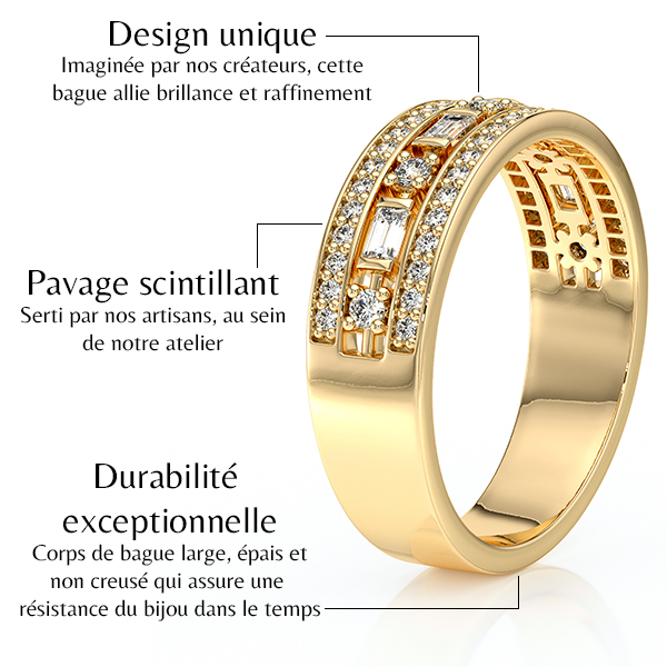 Bague en or avec design unique, pavage scintillant de pierres précieuses, et durabilité exceptionnelle. Idéale pour les occasions spéciales, ce bijou combine élégance et robustesse, mettant en valeur la brillance et le raffinement, parfait pour sublimer n'importe quelle tenue.