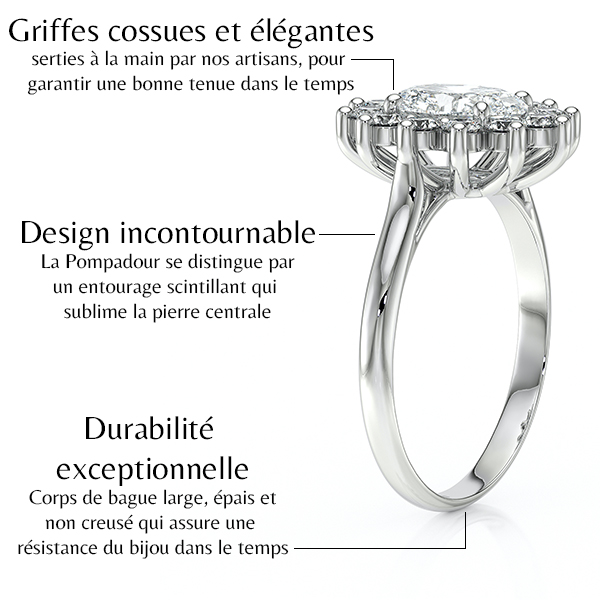 Bague Pompadour en or blanc avec griffe cossues et élégantes, mettant en valeur un design incontournable autour d'une pierre centrale, associée à un corps de bague large et épais pour une durabilité exceptionnelle. Idéale pour un engagement ou une occasion spéciale, cet anneau combine esthétique raffinée et résistance dans le temps.