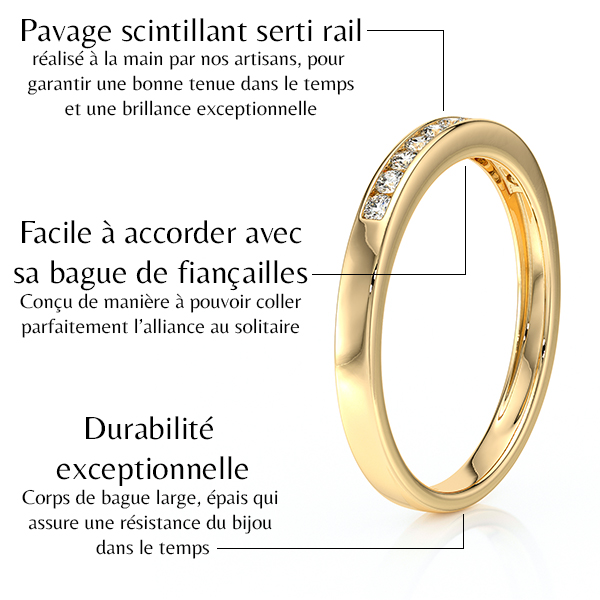 Bague en or avec pavage scintillant serti rail, conçue par des artisans pour offrir une brillance exceptionnelle et une durabilité à long terme. Cette alliance est facile à accorder avec une bague de fiançailles, grâce à son design pensé pour s'adapter parfaitement au solitaire. Le corps de bague large et épais garantit une solide résistance du bijou dans le temps.