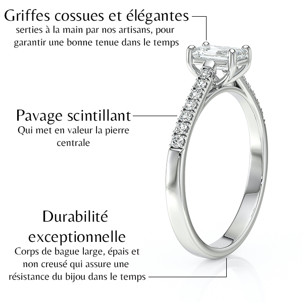 Solitaire bague de fiançailles sertie d'un diamant rectangle et de diamants de pavage sur le corps de bague en or 18 carats