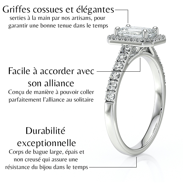 Bague de fiançailles en acier inoxydable avec des griffes coussues et élégantes, soulignant un solitaire central, facile à accorder avec son alliance, conçue pour une parfaite tenue dans le temps avec une durabilité exceptionnelle grâce à un corps de bague large et épais.