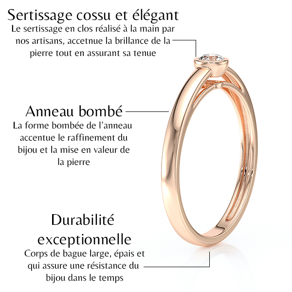 Bague en or rose avec sertissage élégant et bombé, mettant en valeur la brillance d'une pierre précieuse. La conception unique assure durabilité et résistance dans le temps, idéale pour un bijou raffiné et sophistiqué, parfait pour une demande en mariage ou une occasion spéciale.