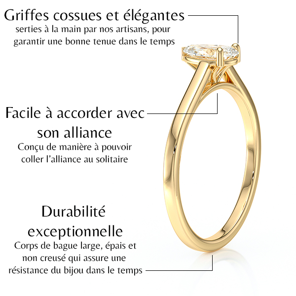 Bague de fiançailles en or jaune avec un diamant, présentant des griffes cossues et élégantes, facilement accordable avec une alliance, et offrant une durabilité exceptionnelle grâce à un corps de bague large et épais.