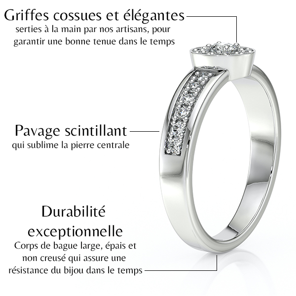 Bague en diamant avec griffes cossues et élégantes, pavage scintillant mettant en valeur la pierre centrale, et durabilité exceptionnelle grâce à un corps de bague large et épais. Idéale pour les fiançailles ou comme bijou de luxe, alliant élégance et résistance dans le temps.