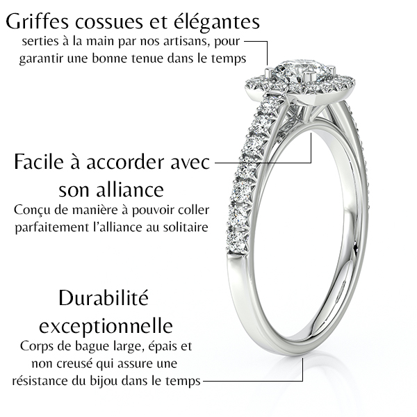 Bague de fiançailles en diamant avec griffes cossues et élégantes, conçue pour assurer une bonne tenue dans le temps. Article facile à accorder avec une alliance grâce à son design qui colle parfaitement au solitaire. La durabilité exceptionnelle est garantie par un corps de bague large, épais et non creusé, offrant une résistance du bijou au fil du temps.