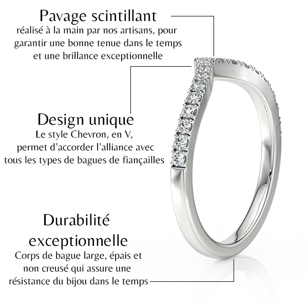 Bague en or avec pavage scintillant de diamants, design Chevron en V, alliant élégance et durabilité exceptionnelle, idéale pour accompagner toutes les bagues de fiançailles.