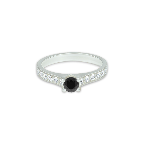 Bague en argent avec un diamant noir central entouré de pierres précieuses brillantes, design élégant et moderne, idéal pour une proposition de mariage ou un cadeau spécial. Modèle unique et raffiné, mettant en valeur le contraste entre le noir et l'argent.