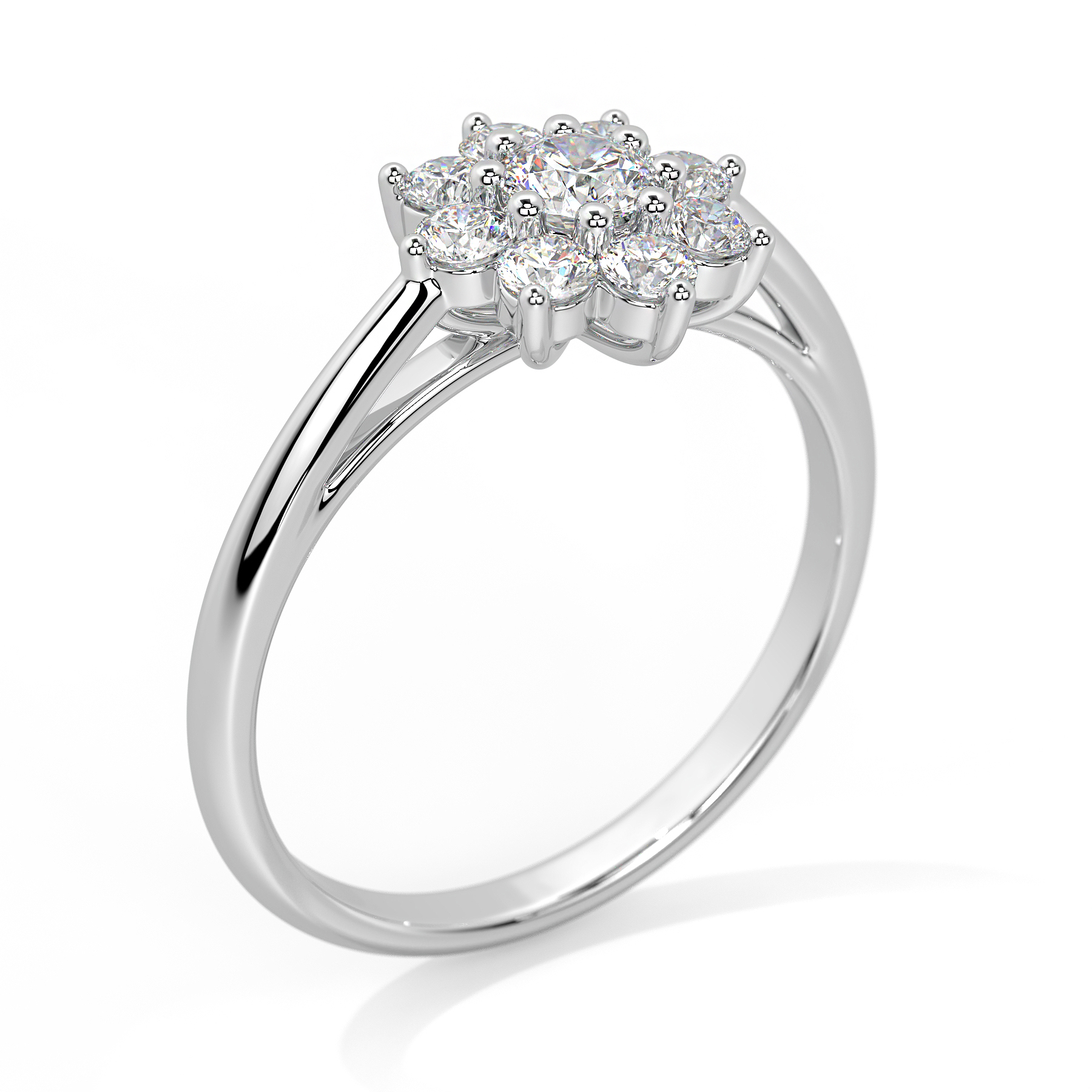 Bague en or blanc avec un design floral orné de plusieurs diamants scintillants, idéale pour une proposition de mariage ou un cadeau spécial. Ce modèle élégant met en valeur la brillance des pierres précieuses, offrant un look sophistiqué et romantique.